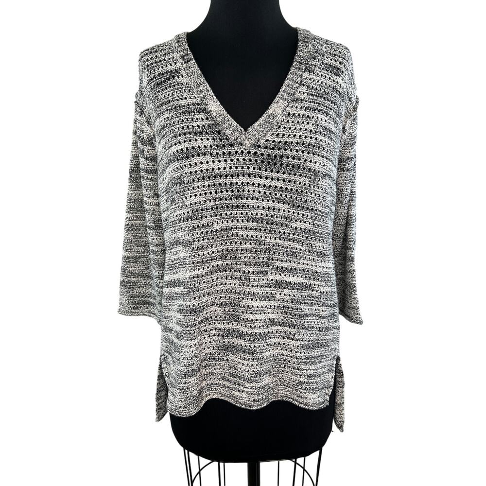Michael Stars 3/4 Sleeve V-Neck Hi-Low Cotton Knit Sweater Gray White XS S